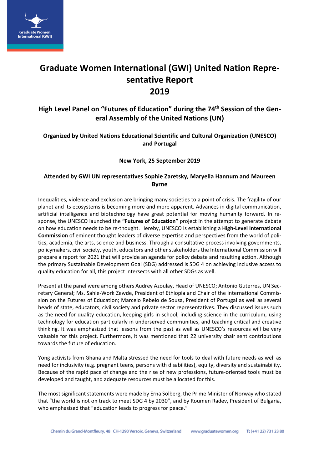 (GWI) United Nation Repre- Sentative Report 2019