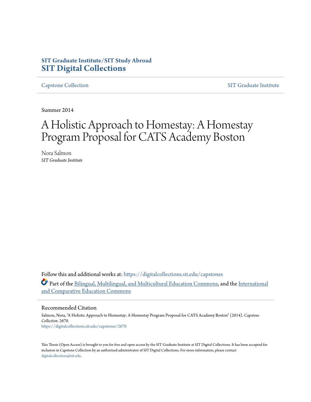 A Homestay Program Proposal for CATS Academy Boston Nora Salmon SIT Graduate Institute