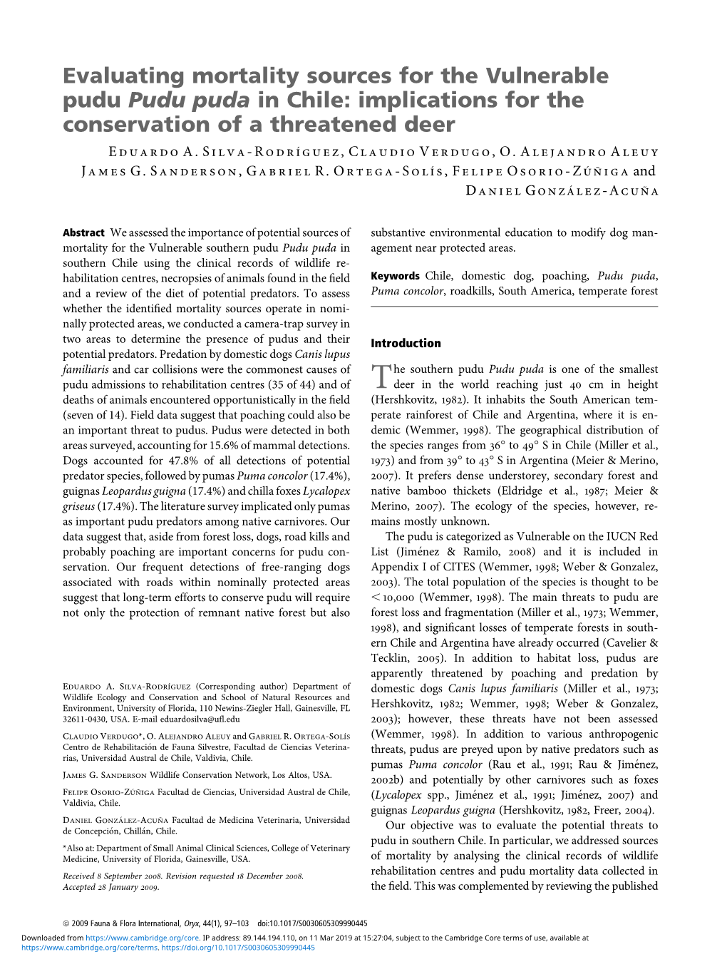 Evaluating Mortality Sources for the Vulnerable Pudu Pudu Puda in Chile: Implications for the Conservation of a Threatened Deer