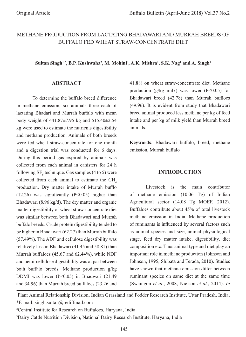 Methane Production from Lactating Bhadawari and Murrah Breeds of Buffalo Fed Wheat Straw-Concentrate Diet