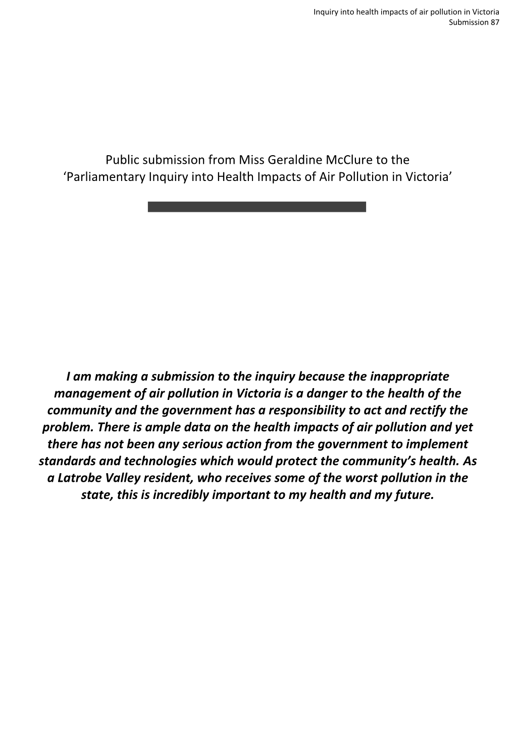 Public Submission from Miss Geraldine Mcclure to the ‘Parliamentary Inquiry Into Health Impacts of Air Pollution in Victoria’