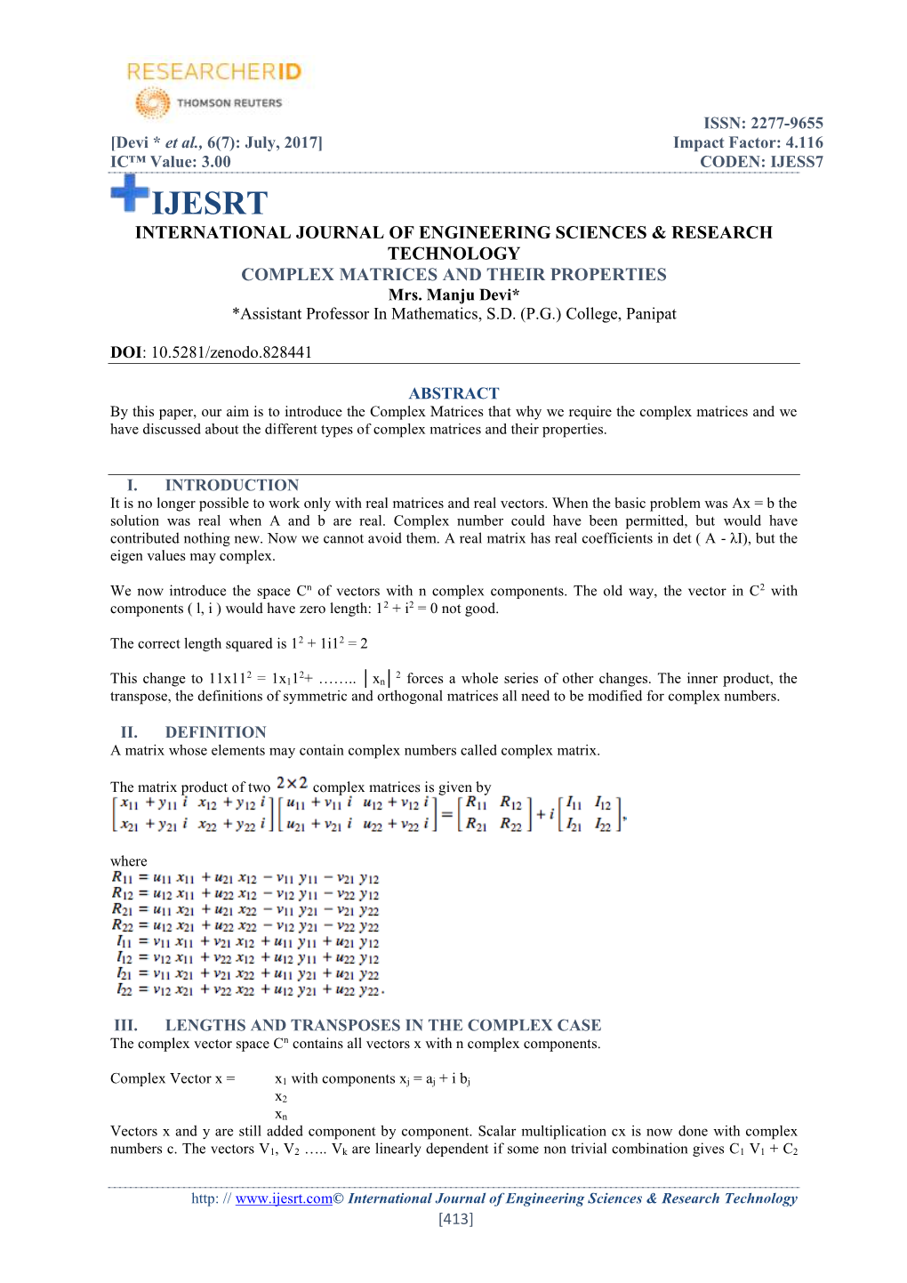 COMPLEX MATRICES and THEIR PROPERTIES Mrs