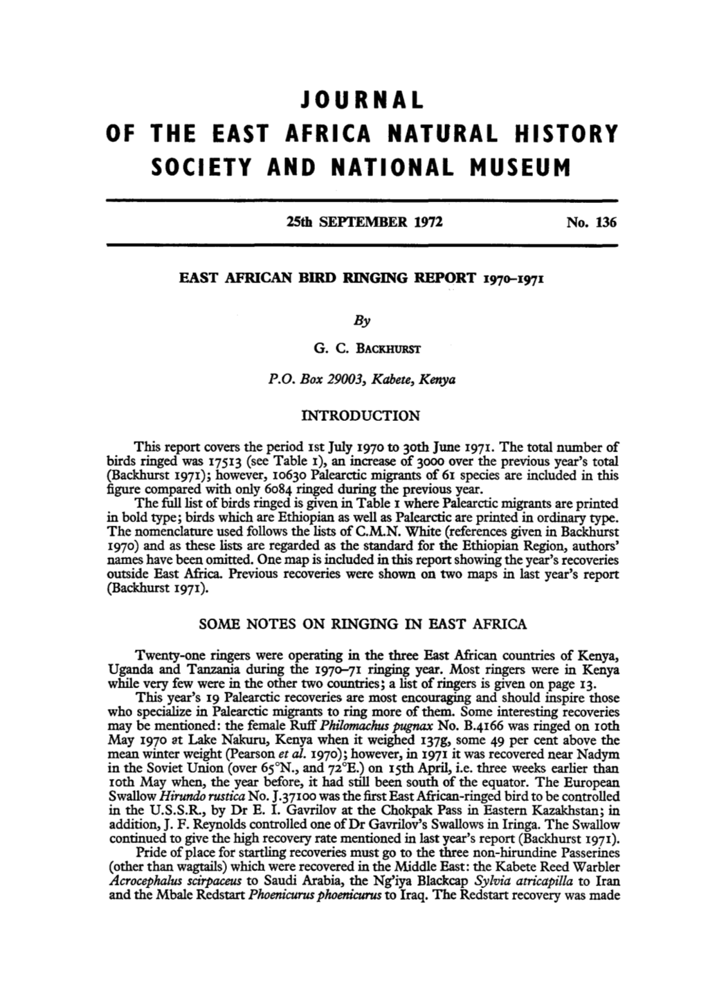 Journal of the East Africa Natural History Society and National Museum