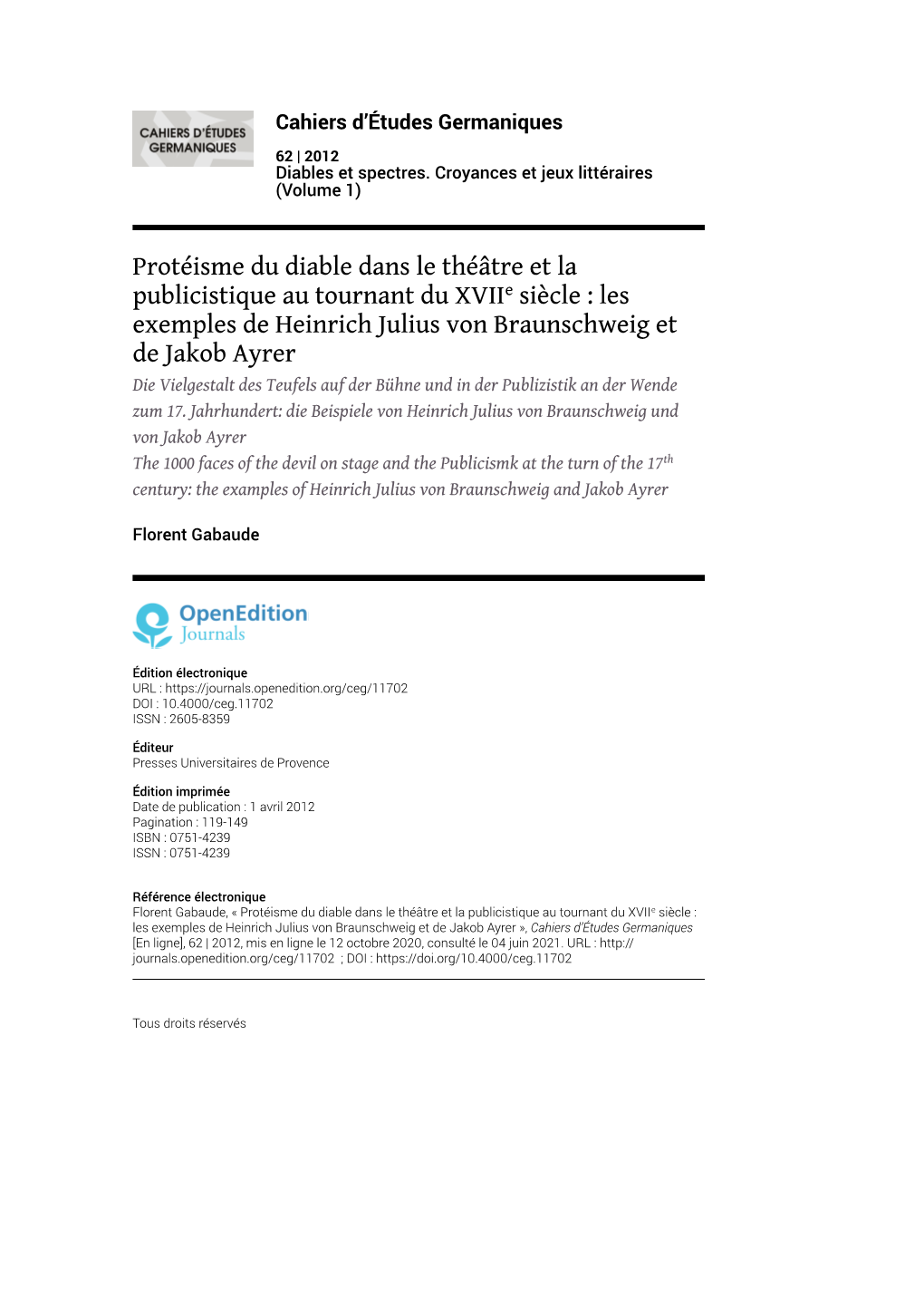 Protéisme Du Diable Dans Le Théâtre Et La Publicistique Au Tournant Du Xviie Siècle : Les Exemples De Heinrich Julius Von Br