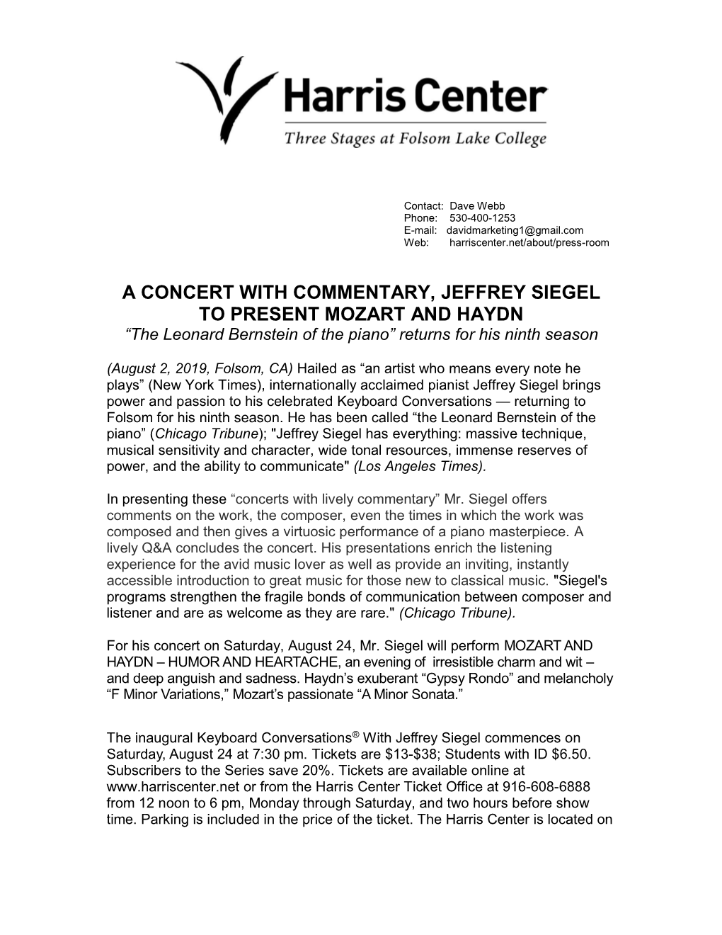 A CONCERT with COMMENTARY, JEFFREY SIEGEL to PRESENT MOZART and HAYDN “The Leonard Bernstein of the Piano” Returns for His Ninth Season