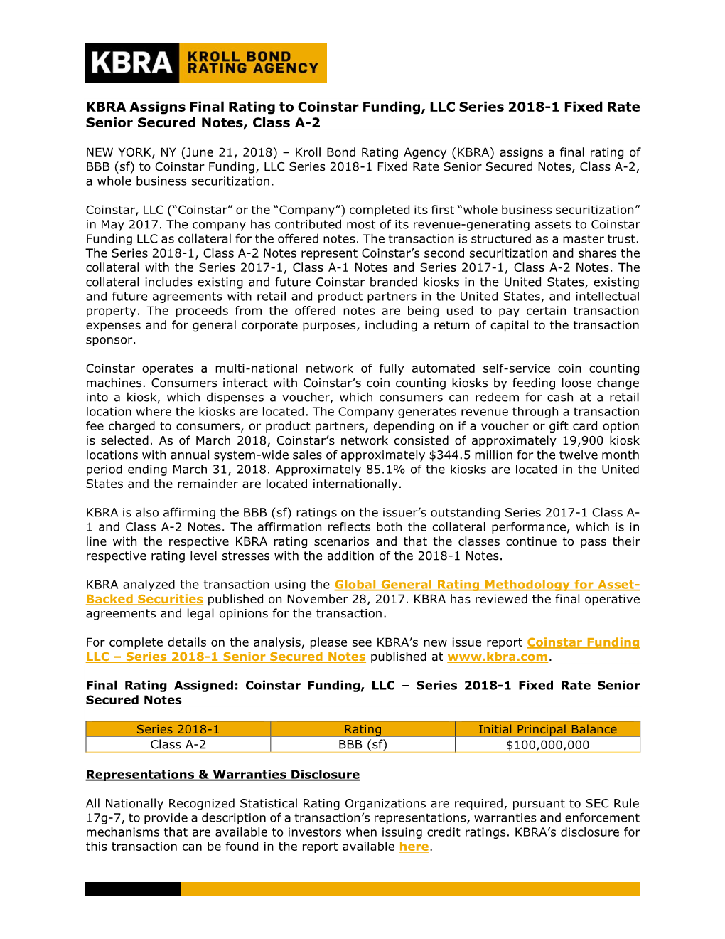 KBRA Assigns Final Rating to Coinstar Funding, LLC Series 2018-1 Fixed Rate Senior Secured Notes, Class A-2