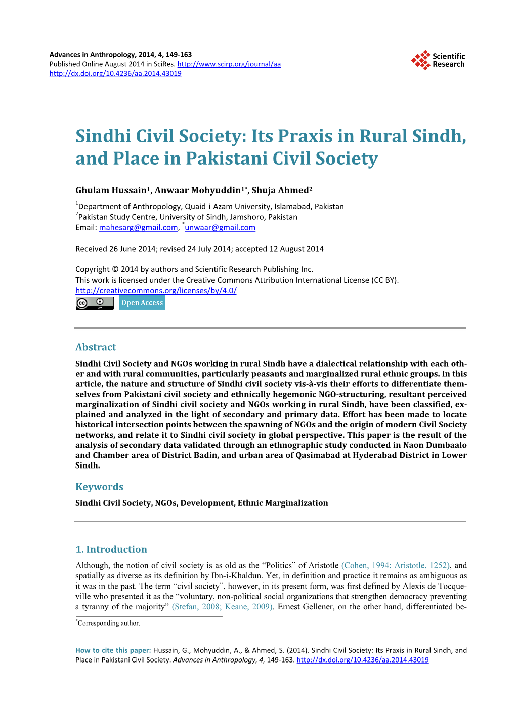 Sindhi Civil Society: Its Praxis in Rural Sindh, and Place in Pakistani Civil Society