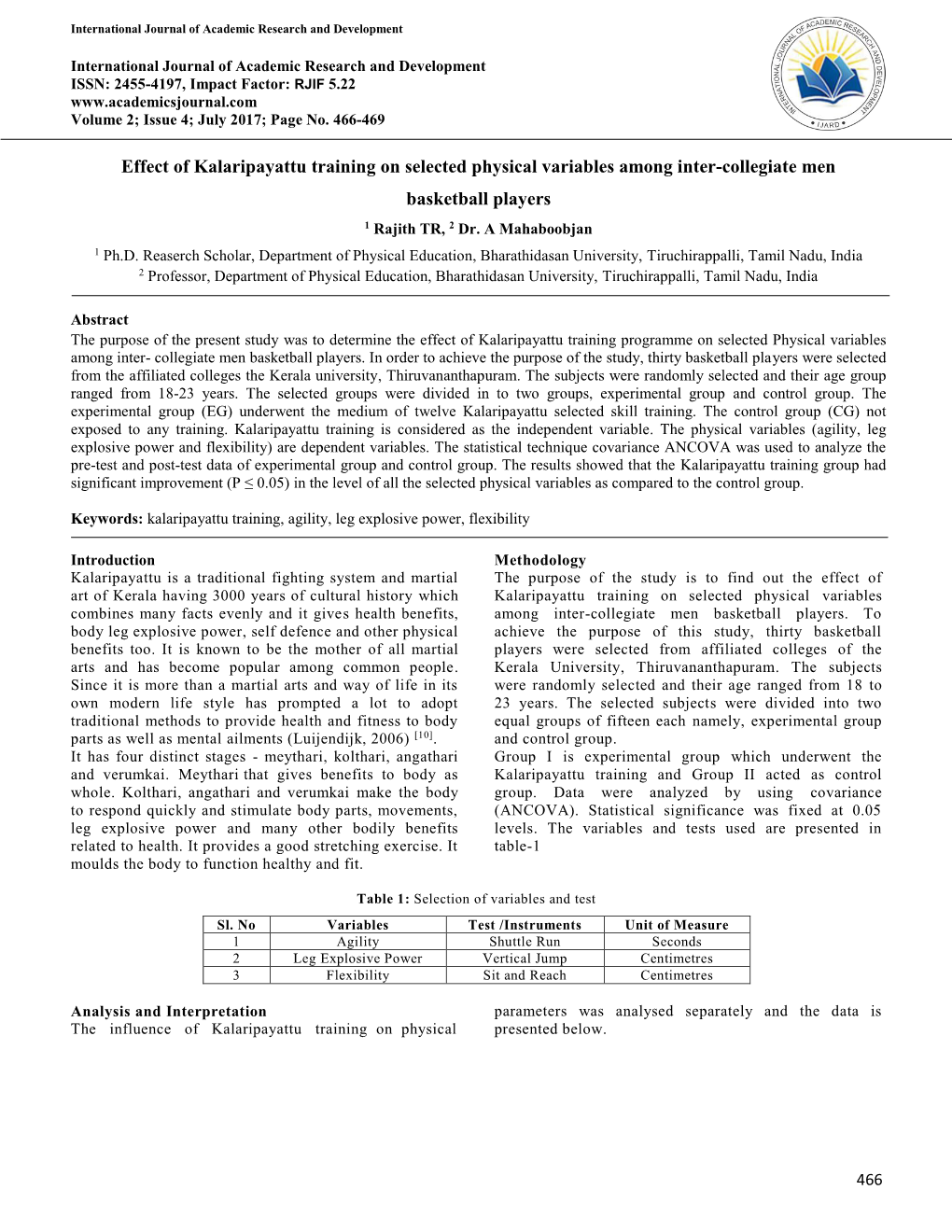 Effect of Kalaripayattu Training on Selected Physical Variables Among Inter-Collegiate Men Basketball Players 1 Rajith TR, 2 Dr