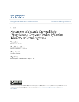 Movements of a Juvenile Crowned Eagle (Harpyhaliaetus Coronatus) Tracked by Satellite Telemetry in Central Argentina Vicente Urios Universidad De Alicante