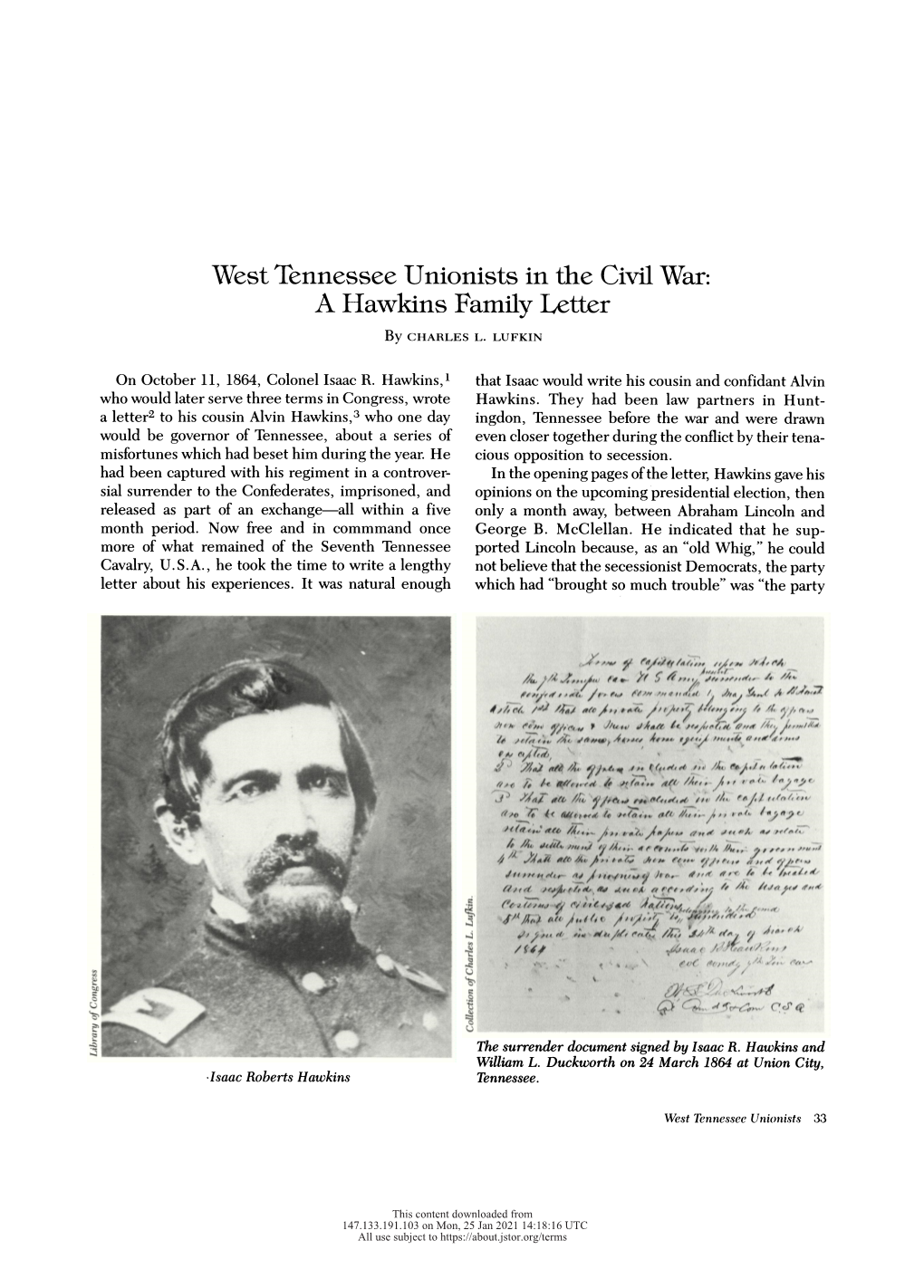 West Tennessee Unionists in the Civil War: a Hawkins Family Letter