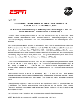 Sept. 1, 2020 ESPN and ABC COMBINE to AIR FOUR NBA