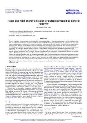 Radio and High-Energy Emission of Pulsars Revealed by General Relativity Q