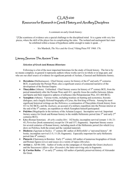 CLAS 600 Resources for Research in Greek History and Ancillary Disciplines