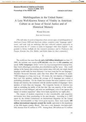 Multilingualism in the United States: a Less Well-Known Source of Vitality in American Culture As an Issue of Social Justice and of Historical Memory