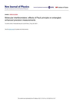 Molecular Interferometers: Effects of Pauli Principle on Entangled- Enhanced Precision Measurements