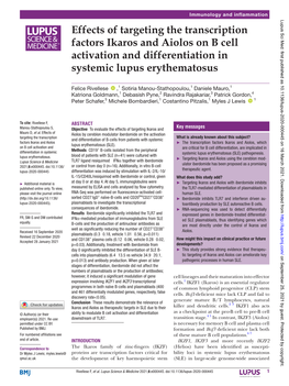 Effects of Targeting the Transcription Factors Ikaros and Aiolos on B Cell Activation and Differentiation in Systemic Lupus Erythematosus