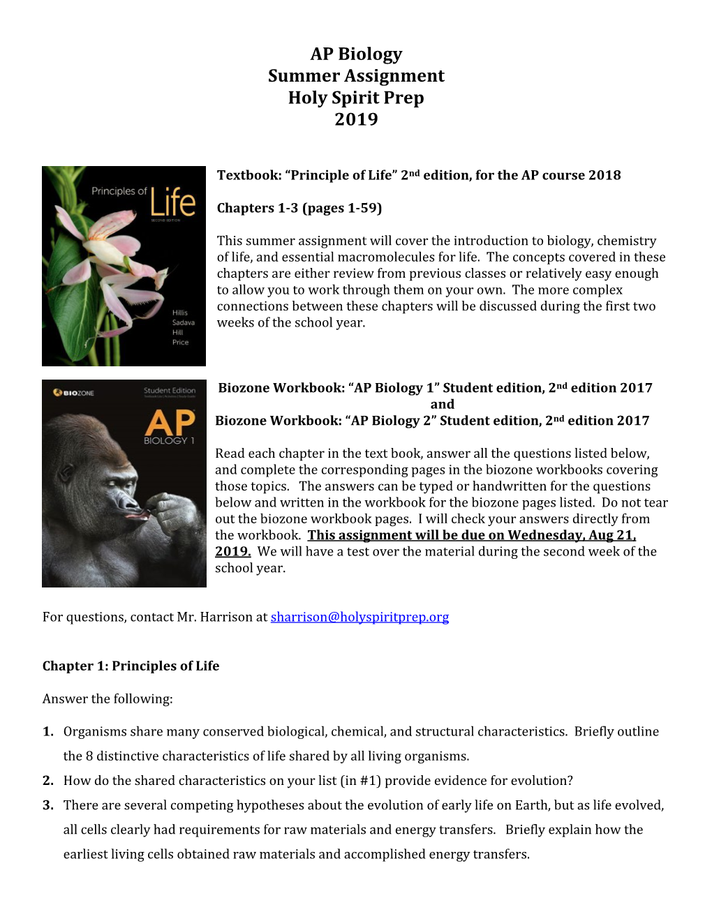 AP Biology Summer Assignment Holy Spirit Prep 2019