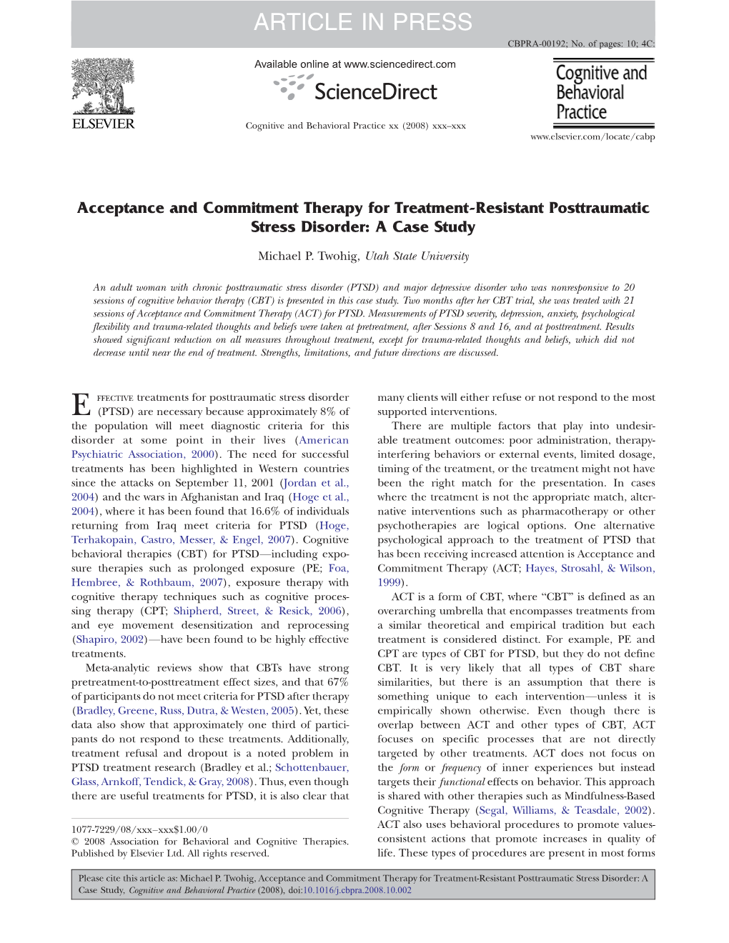 Acceptance and Commitment Therapy for Treatment-Resistant Posttraumatic Stress Disorder: a Case Study