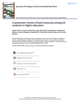 A Systematic Review of Food Insecurity Among US Students in Higher Education