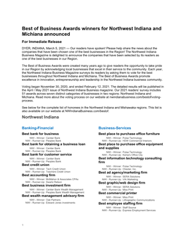 Best of Business Awards Winners for Northwest Indiana and Michiana Announced