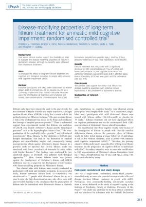 Disease-Modifying Properties of Long-Term Lithium Treatment for Amnestic Mild Cognitive Impairment: Randomised Controlled Trial{ Orestes V