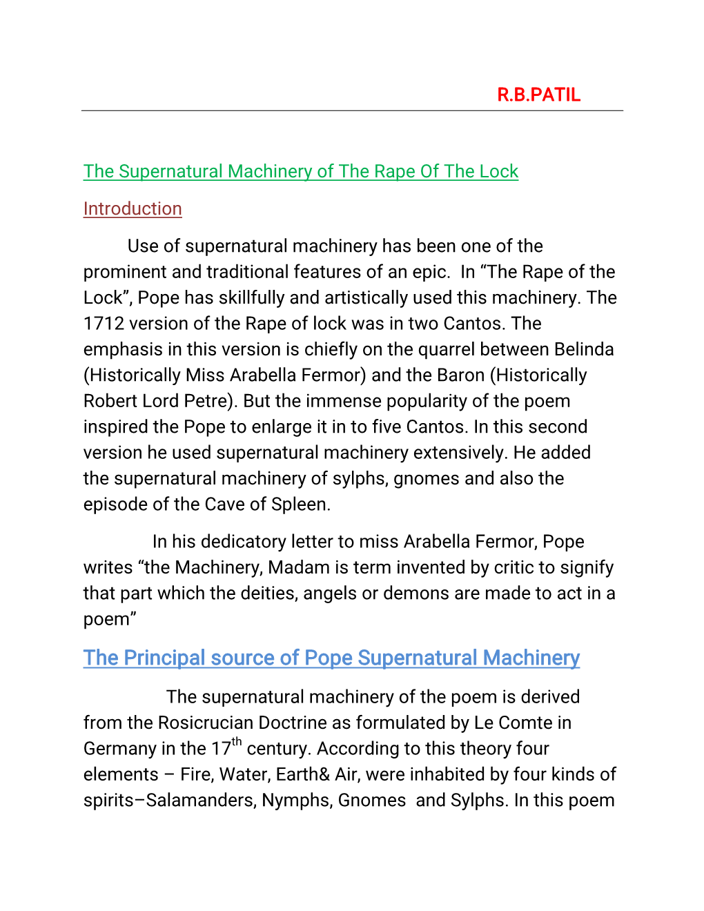 The Supernatural Machinery of the Rape of the Lock