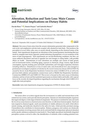 Alteration, Reduction and Taste Loss: Main Causes and Potential Implications on Dietary Habits