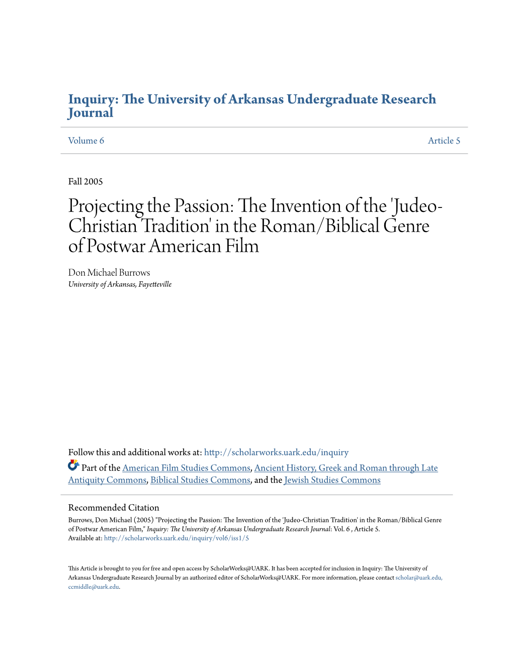 Judeo-Christian Tradition' in the Roman/Biblical Genre of Postwar American Film,