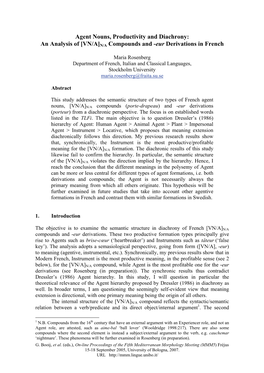 Agent Nouns, Productivity and Diachrony: an Analysis of [VN/A]N/A Compounds and -Eur Derivations in French