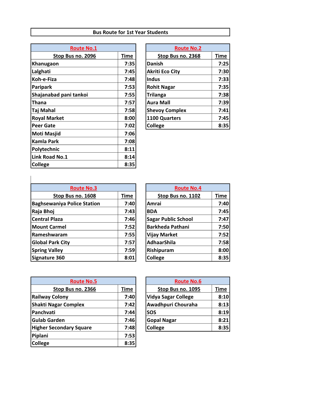 Bus Route for 1St Year Students