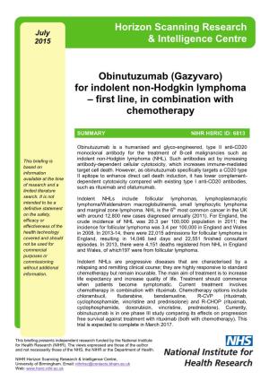 Obinutuzumab (Gazyvaro) for Indolent Non-Hodgkin Lymphoma – First Line, in Combination with Chemotherapy