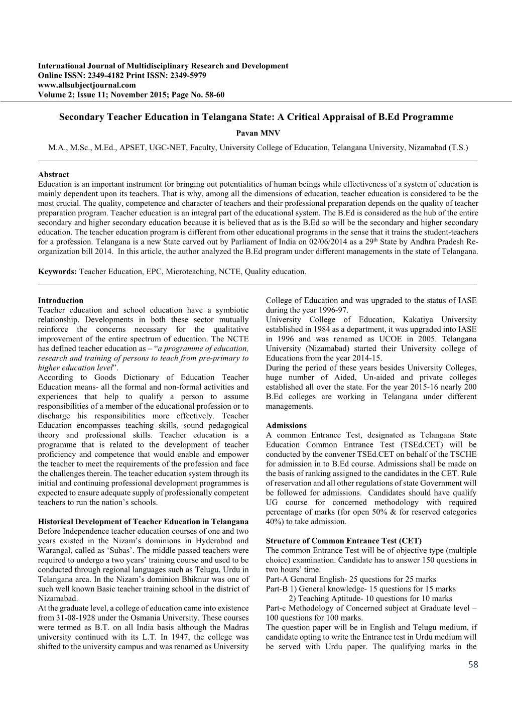 58 Secondary Teacher Education in Telangana State: a Critical