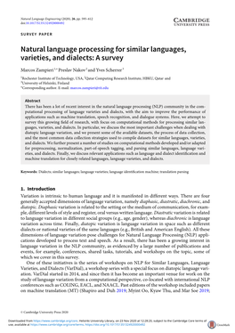 Natural Language Processing for Similar Languages, Varieties, and Dialects: a Survey