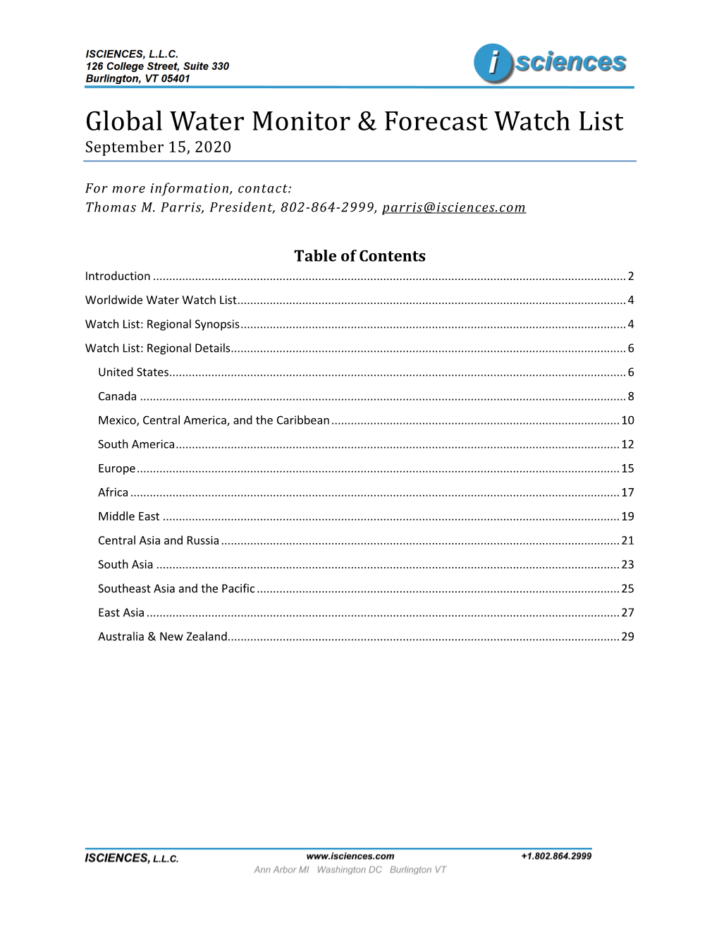 Isciences Global Water Monitor & Forecast Watch List September