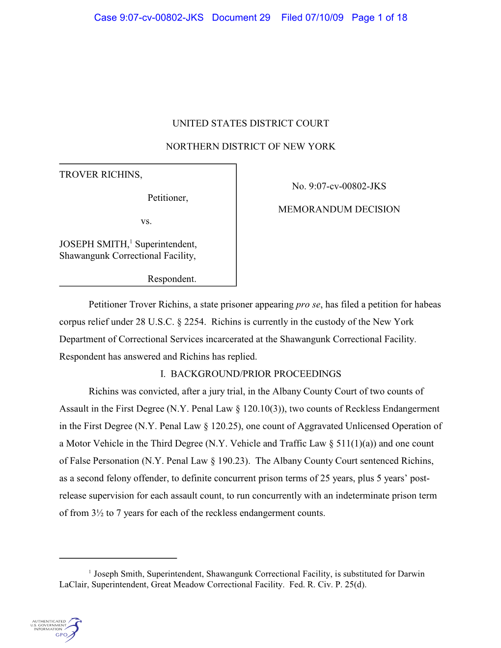 Case 9:07-Cv-00802-JKS Document 29 Filed 07/10/09 Page 1 of 18