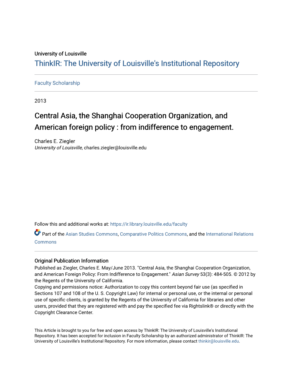 Central Asia, the Shanghai Cooperation Organization, and American Foreign Policy : from Indifference to Engagement