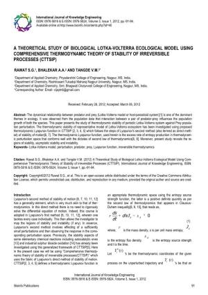A Theoretical Study of Biological Lotka-Volterra Ecological Model Using Comprehensive Thermodynamic Theory of Stability of Irreversible Processes (Cttsip)