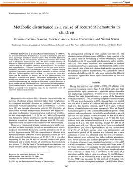 Metabolic Disturbance As a Cause of Recurrent Hematuria in Children