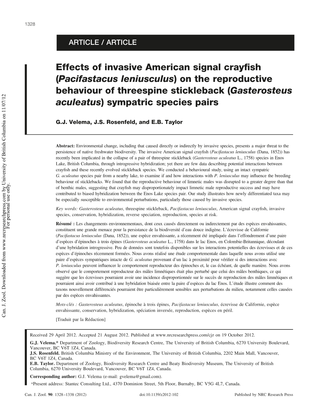 Pacifastacus Leniusculus) on the Reproductive Behaviour of Threespine Stickleback (Gasterosteus Aculeatus) Sympatric Species Pairs