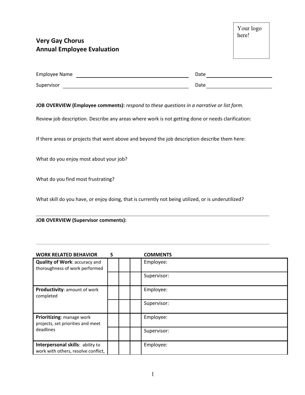 One Voice Mixed Chorus Employee Evaluation