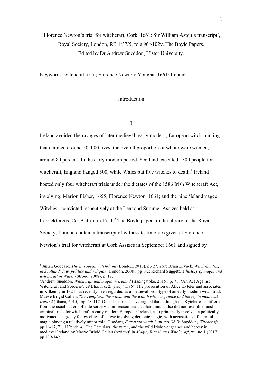 'Florence Newton's Trial for Witchcraft, Cork, 1661: Sir William Aston's Transcript'