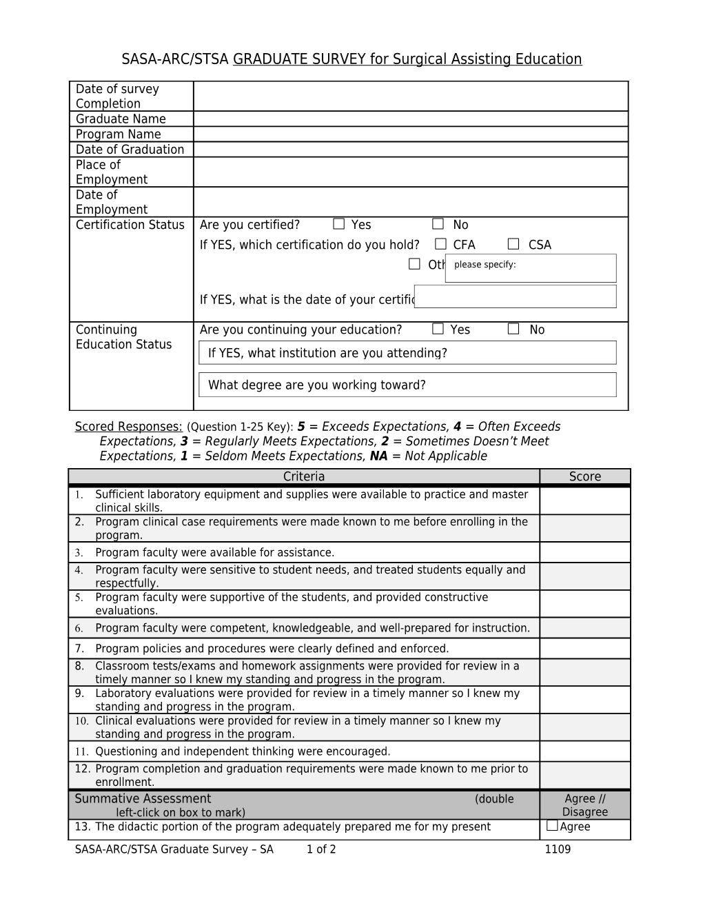 SASA-ARC/STSA GRADUATE SURVEY for Surgical Assisting Education