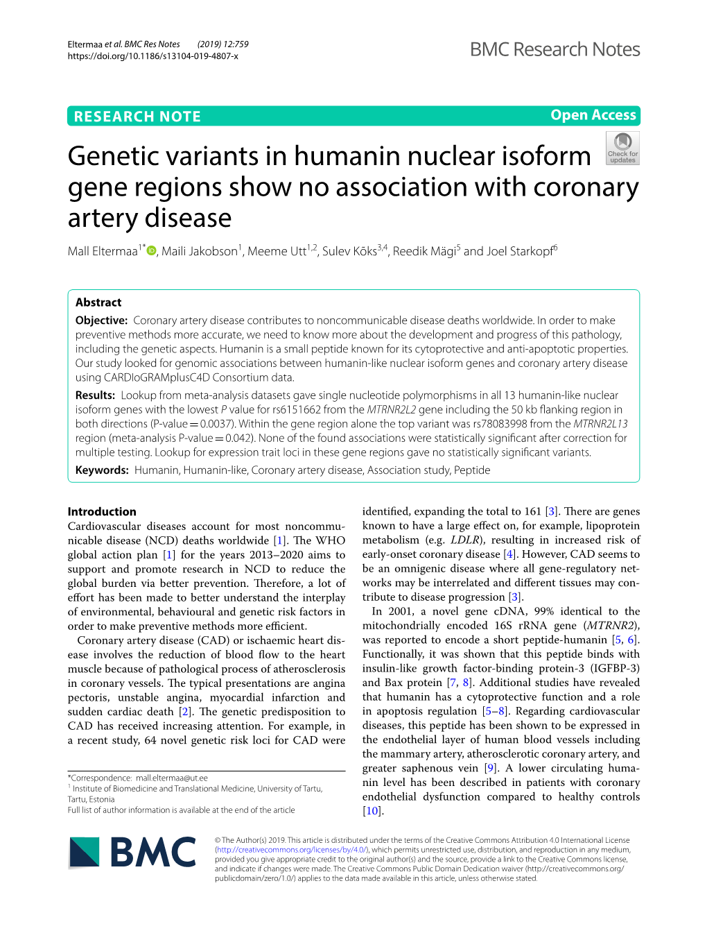 Genetic Variants in Humanin Nuclear Isoform