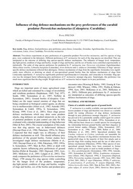 Influence of Slug Defence Mechanisms on the Prey Preferences of the Carabid Predator Pterostichus Melanarius (Coleoptera: Carabidae)