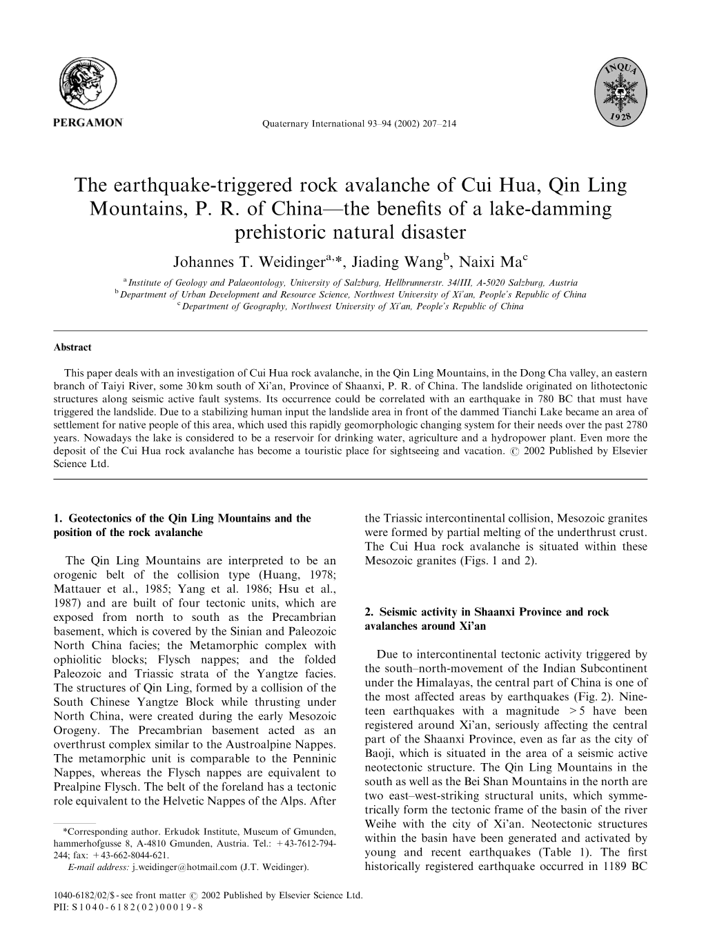 The Earthquake-Triggered Rock Avalanche of Cui Hua, Qin Ling Mountains, P