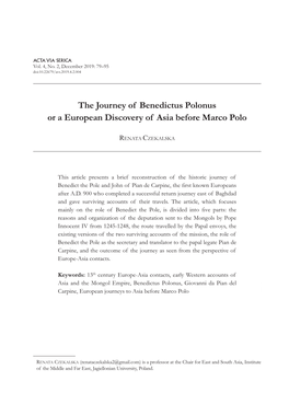 The Journey of Benedictus Polonus Or a European Discovery of Asia Before Marco Polo