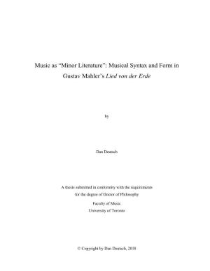 Musical Syntax and Form in Gustav Mahler's Lied Von Der Erde