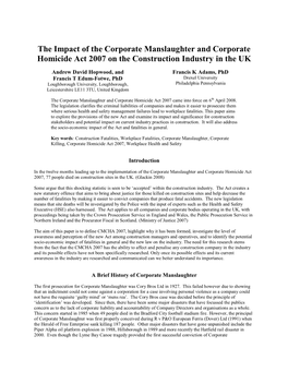 The Impact of the Corporate Manslaughter and Corporate Homicide Act 2007 on the Construction Industry in the UK
