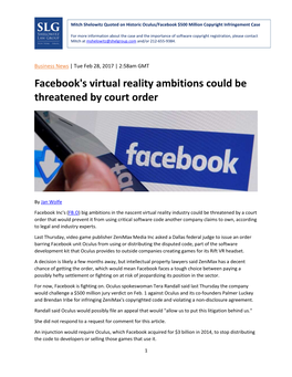 Facebook's Virtual Reality Ambitions Could Be Threatened by Court Order