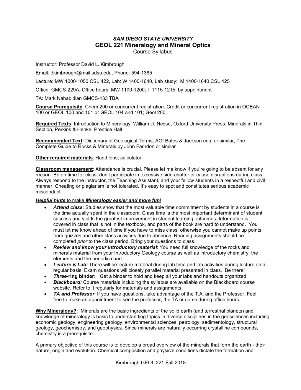 GEOL 221 Mineralogy and Mineral Optics Course Syllabus